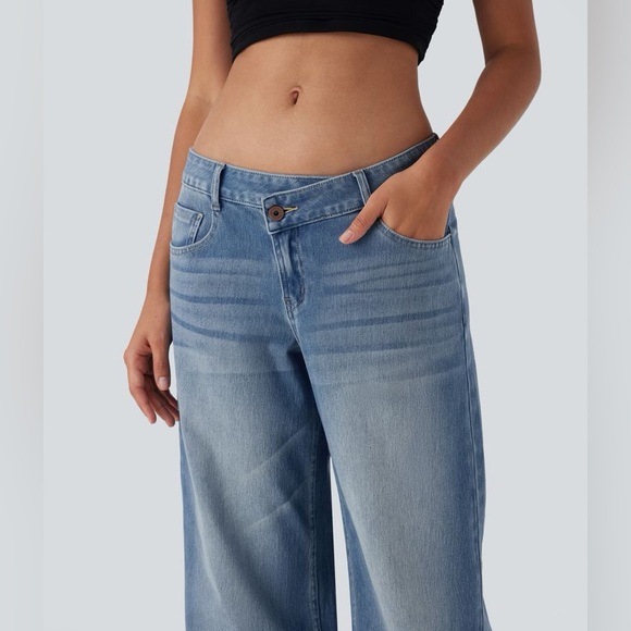 Halara Flex™ Asymmetric Low Rise Zipper Baggy Wide Leg Jeans small Petite NWOT** - Picture 4 of 8